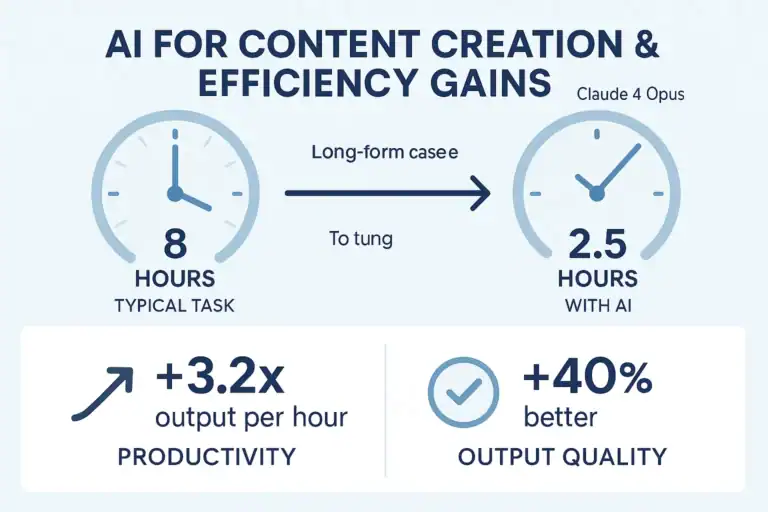 AI chatbot productivity. 8 hours becomes 2.5 hours with AI. Output +40%, 3.2x output/hour.
